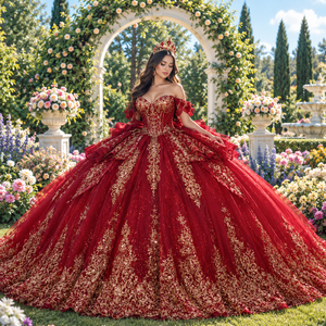 Robe de Quinceañera Xybb04-Pz en Chiffon Bourgogne Royal avec Appliques, Décolleté Cœur, Traîne Watteau, 100% Coton, pour Bal de Princesse - Product Image 1