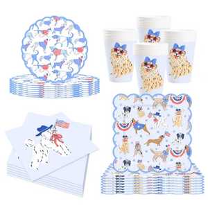 Vaisselle jetable DAMAI bleu clair moucheté à thème chien et drapeau américain patriotique pour la fête (assiettes, gobelets et serviettes) - Product Image 2