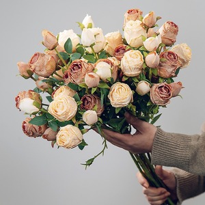 Artificial Rose Silk Flowers 5 <b>Head</b> Burnt Edge Vintage <b>Style</b> For Wedding Home Decor High Simulation Durability - Product Image 2