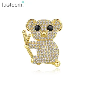LUOTEEMI Luxury Zircon Jewelry Accessories Woman Lady Fashion Bear Small 18 K Gold Korean Mini Brooch Pin