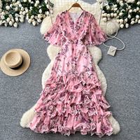 Robe longue d'été en mousseline florale pour femme, col en V, manches volantées, taille cintrée, ourlet superposé à volants, élégante pour les vacances
