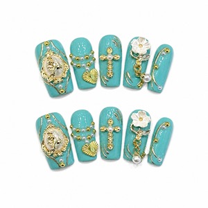 Turquoise Press on Nails Acrylic Full <b>Cover</b> False Nails Pearl Gold Decorative Manicure for <b>Finger</b> - Product Image 4