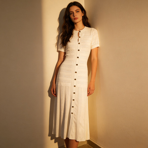 Abito Lungo da Donna Vintage Primavera Estate 2026 in Maglia a Treccia Tinta Unita, Design Elegante, Monopetto, <span class=keywords><strong>Maniche</strong></span> <span class=keywords><strong>Corte</strong></span>, Girocollo - Product Image 6
