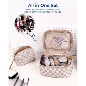 Large <b>Quilted</b> Cute Checkered Pink Travel <b>Makeup</b> <b>Bag</b> With Zipper Closure Custom Cosmetic Pouch for Women's Toiletries - Product Image 3