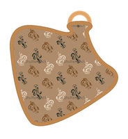 Bavoir pour bébé en forme de vache avec motif western, contour de cheval et de botte, et anneau en bois, tons terreux.