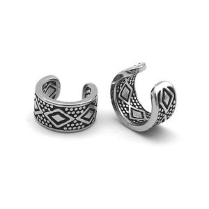 Manchette d'oreille pour homme en acier inoxydable 316L, hypoallergénique, motif géométrique diamant tribal, large bande, sans perçage, à clipser, style vintage bohème - Product Image 2