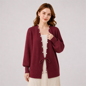 Robe Ete Femme Plissierter <span class=keywords><strong>Cardigan</strong></span> mit Perlenbesatz, schicke Jacke mit Bindeband vorne und Laternenärmeln, Miyake-Stil, lockere vertikale Falten, Oberbekleidung - Product Image 3