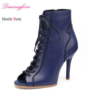 Chaussures de <span class=keywords><strong>danse</strong></span> <span class=keywords><strong>jazz</strong></span> en cuir véritable à lacets tendance été 9 cm Talons hauts sexy Bout ouvert <span class=keywords><strong>Bottines</strong></span> à la cheville Femmes Sandales légères marron - Product Image 2