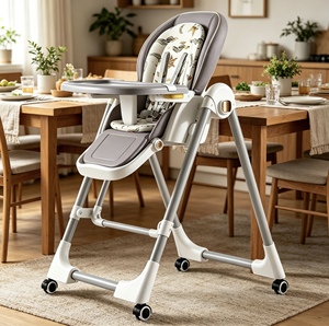 Chaise haute bébé pliable et réglable, vérifiée, avec coussin imprimé, plateau amovible et roues verrouillables pour l'alimentation des tout-petits - Product Image 2