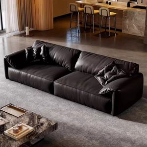 Juego de sofás de cuero genuino de primera calidad, muebles de sala de estar, sofá de cuero negro moderno y minimalista, sofá italiano de plumas para salón - Product Image 3