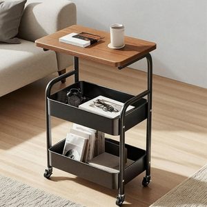 3-Tier Rolling <b>Cart</b> with Table Top Metal <b>Storage</b> <b>Cart</b> Utility Organizer with Wooden Tray Lockable Casters for Living Room Office - Product Image 6