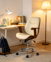 Chaise de bureau de luxe en crème avec accoudoirs en bois, réglable en hauteur, pivotante, avec roulettes