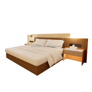 Modern 3 Star Hotel Twin Room Set Wooden MDF Plywood <b>Panel</b> Bed Frame with Upholstered <b>Headboard</b> & Floating Shelf Nightstand - Product Image 3