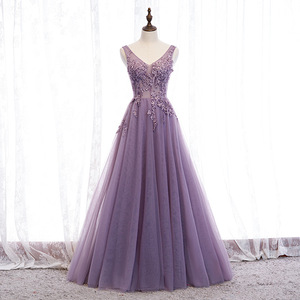 Dreamy Purple A-Line Tulle Wedding Dress V-Neck Embroidery Empire Waistline Bridal Gown - Product Image 1