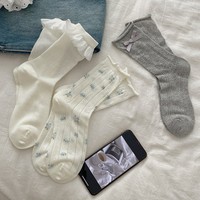 Chaussettes tricotées confortables et respirantes pour femme, en coton/nylon/spandex, avec dentelle blanche, pour le quotidien, logo Muhui, vente en gros directe usine