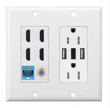 2 US Gang White Cat6 Rj45 Coaxial Port Faceplate Wall Outlet Plate