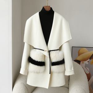 Nouveau Manteau en Laine Double Face Automne-Hiver 2025 pour Femme, avec Fourrure de Renard, Mi-long, en Tweed, avec Ceinture - Product Image 4