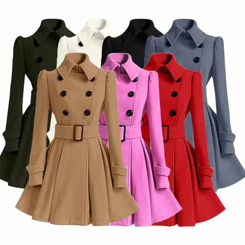 Winter Women Stylish Thick Double-breasted Overcoat Ladies Woolen Coat With Belt