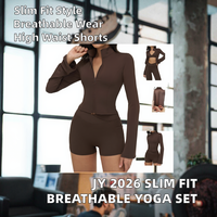 JY 2026 Setelan Olahraga Wanita Terbaru untuk Lari, Bahan Solid Fitness, Bernapas, Slim Fit, Lengan Panjang, Celana Pendek Yoga, Dua Potong, Model Depan