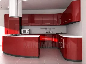 Современные Изогнутые готовые к сборке красные лаковые кухонные шкафы с островом
