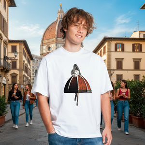 Camiseta de Hombre con Estampado Digital de Collage Sarcastico, Estilo Urbano Ecológico, 'Miss Brunelleschi', 100% Algodón Tejido - Product Image 3