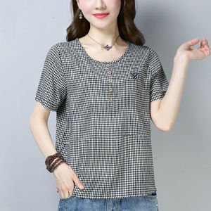 Women's Plaid T-Shirt Red Checkered Short Sleeve Loose Fit Cotton Breathable Summer Top - Product Image 2