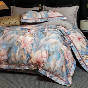 Bleu Floral Plante Impression Numérique Housse de Couette <span class=keywords><strong>Gris</strong></span> Draps Lumière De Luxe Quatre Pièces Ensemble de Literie Textile À La Maison - Product Image 2