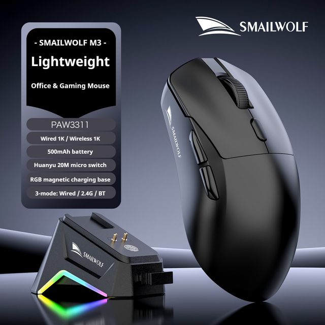 Smailwolf M3 Pro+ Wireless Gaming Mouse PAW3311 Tri Mode 65g 140h Battery RGB Base for PC Esports Gamer
