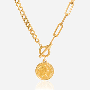 18K Gold Stainless Steel Face Coin Pendant with OT Clasp <b>Necklace</b> for Gift - Product Image 1