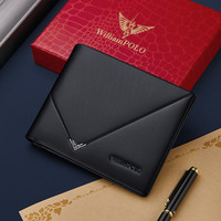 Dompet kulit hitam kasual bisnis sederhana dengan Logo kustom tempat kartu pendek Pria Logo pabrik dapat disesuaikan
