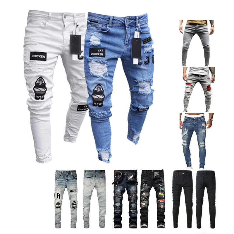 Calça jeans masculina personalizada para homens, calça jeans preta branca com rasgos e danos magros, estiramento cônico desgastado