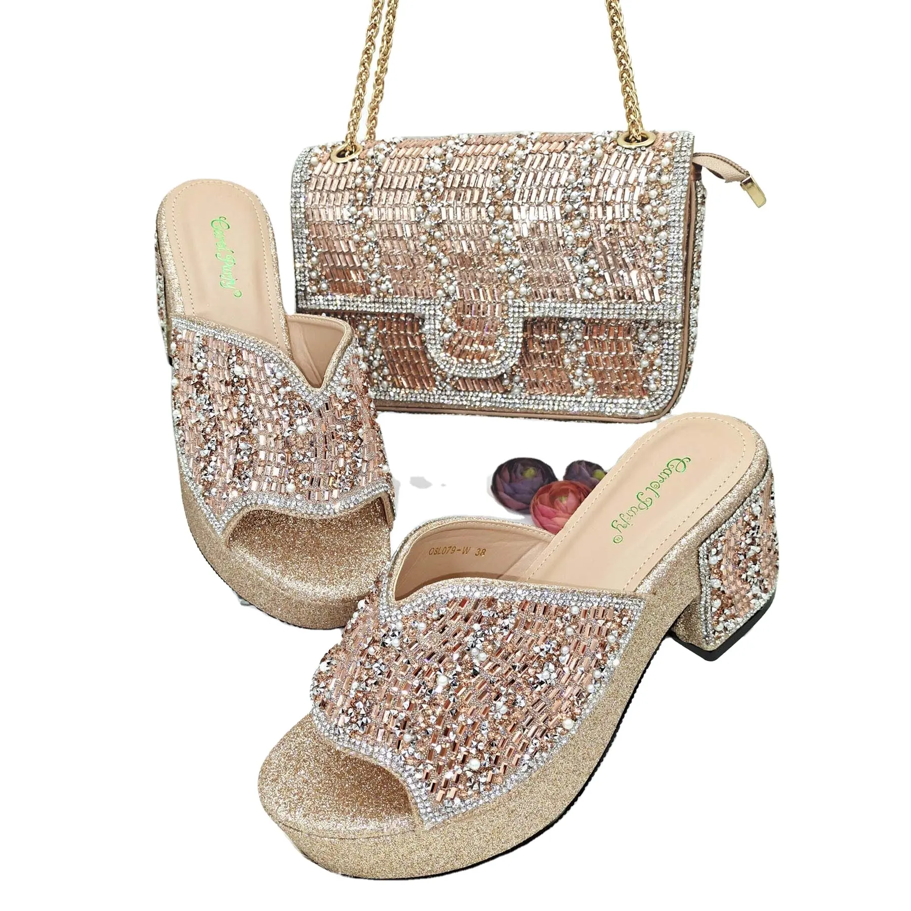 Offre Spéciale strass mode luxe sandales femmes petit sac chaîne arc-en-ciel gelée bonbons correspondant sangle portefeuille et chaussures ensemble
