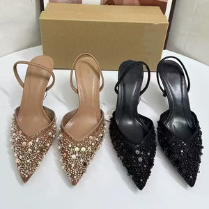 Sandales mules à talon aiguille sexy pour femmes, en maille ornée de perles abricot, à bout pointu et bride arrière - Product Image 1