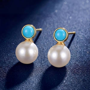 Pendientes de Perlas Blancas Turquesa con Baño de Oro de 18K y Cobre para Mujer, Joyería Boho con Bisel Redondo y Perlas Colgantes, Regalo - Product Image 4