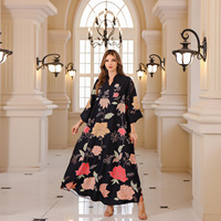 Abaya de Luxe avec Diamant Noir et Imprimé de Fleurs, Robe de Dubaï pour Femmes Élégante avec Strass et Décoration de Perles