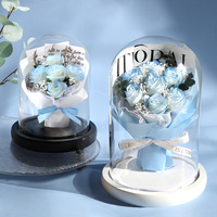 Cadeaux Décor Véritable Bouquet De Fleurs Éternelles Dans Un Dôme De Verre Roses Préservées Avec Base En Bois