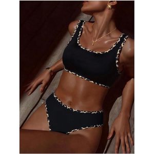 FOXA Conjunto de bikini de 2 piezas para mujer, cuello redondo, con ribete en contraste, tirantes finos, traje de baño de cintura alta - Product Image 2