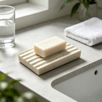 Porte-savon en résine texturée effet travertin avec rainures de drainage pour savon en barre, plateau à savon décoratif pour comptoir de salle de bain