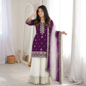 Robe Anarkali traditionnelle indienne et pakistanaise pour femmes, brodée, avec dupatta, vêtement décontracté en coton - Product Image 1