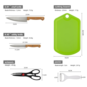 Juego de 5 Cuchillos de Cocina: Cuchillo de Chef + Cuchillo Multiusos + Tijeras + Pelador + Tabla, Mango de Madera Natural para Cortar y Picar a Diario - Product Image 2