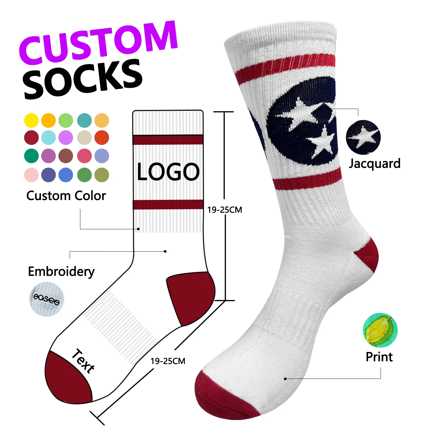 New Design Own Fashion Embroidery knitted Crew large Sock Custom Logo 100% Cotton Men Socks