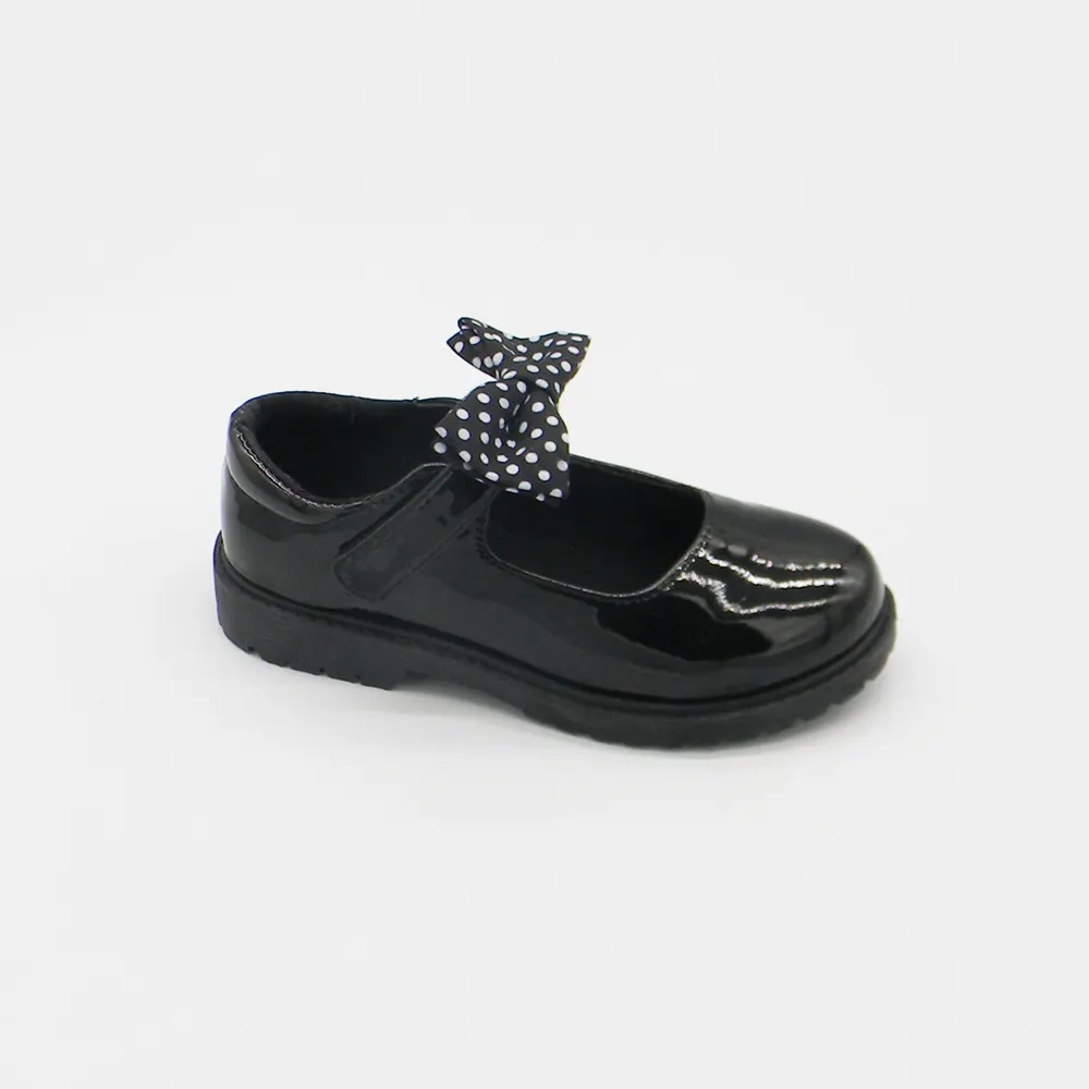 नई डिजाइन लड़की चमड़े की पोशाक जूते स्कूल बच्चों काले धनुष जूते काले पु जूते