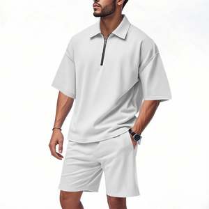 ชุดลำลองผู้ชายสไตล์ฮิปฮอป แขนสั้น คอปกหลวม ซิปหน้า พร้อมกางเกงขาสั้น สำหรับฤดูร้อน - Product Image 2