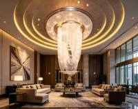 Lustre sur mesure pour plafond haut, en forme de U, en fibre de cristal, lampe artistique dorée, montage au plafond, éclairage LED dimmable pour hôtel 5 étoiles