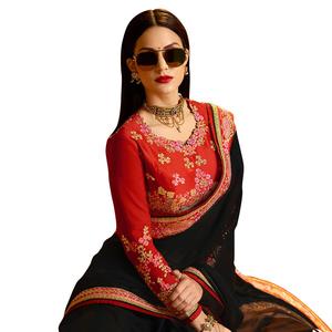 Màu Xanh Bóng Mờ In Saree Với Hai Màu Sắc Voan Satin Vải Đá Làm Việc Và Ren Biên Giới Với Đá Chảo Thiết Kế Màu Xanh Áo May Mặc - Product Image 3