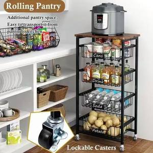 Chariot de rangement roulant grande capacité, chariot utilitaire avec plateau en bois, paniers en maille, construction métallique, idéal pour les épices de cuisine - Product Image 4