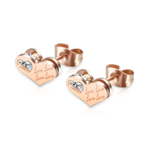 Heart <b>Stud</b> <b>Earrings</b> 10mm Rose Gold Steel Color Love Engraved Diamond Bezel Setting Everyday Wear - Product Image 2