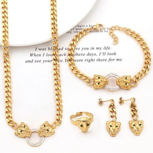 Ensemble de bijoux de luxe en acier inoxydable plaqué or 18 carats avec zircon, tête de léopard, design classique, 4 pièces, pour cadeau de mariage - Product Image 4