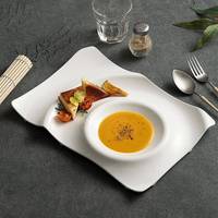 Assiette de service jetable en céramique de porcelaine irrégulière, grande assiette pour steak, pâtes, salades, desserts, et bol à sauce