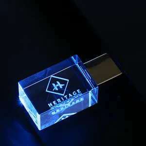 Cadeau de mariage personnalisé Clé USB en verre Clé USB 2.0 4 Go 8 Go 16 Go 32 Go 64 Go Clé USB en cristal avec lumière LED